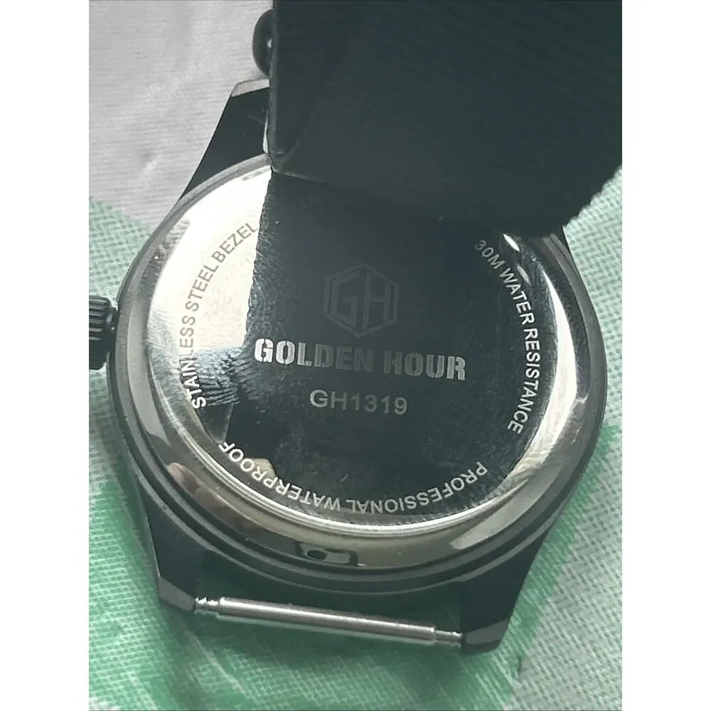 Golden Hour All Black Military Style Nylon Band Men’s Quartz Watch
